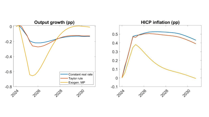 Output and inflation response to carbon tax shocks, under different monetary policy assumptions